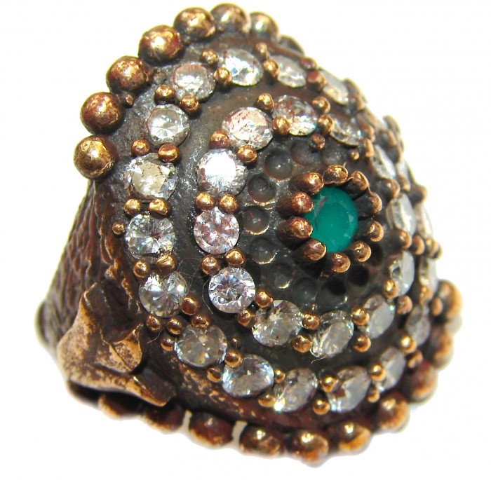 Victorian Style created Emerald & White Topaz Copper over Sterling Silver ring; s. 6 3/4