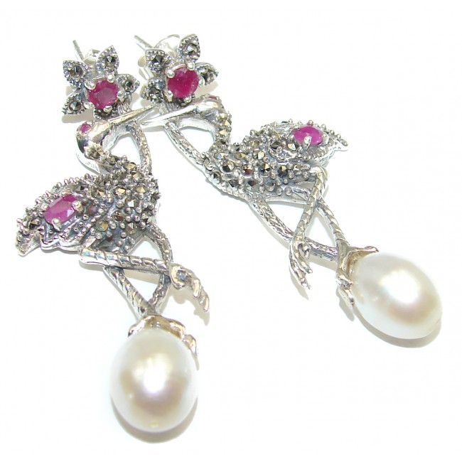 Magestic Herons Genuine Pearl Ruby .925 Sterling Silver earrings