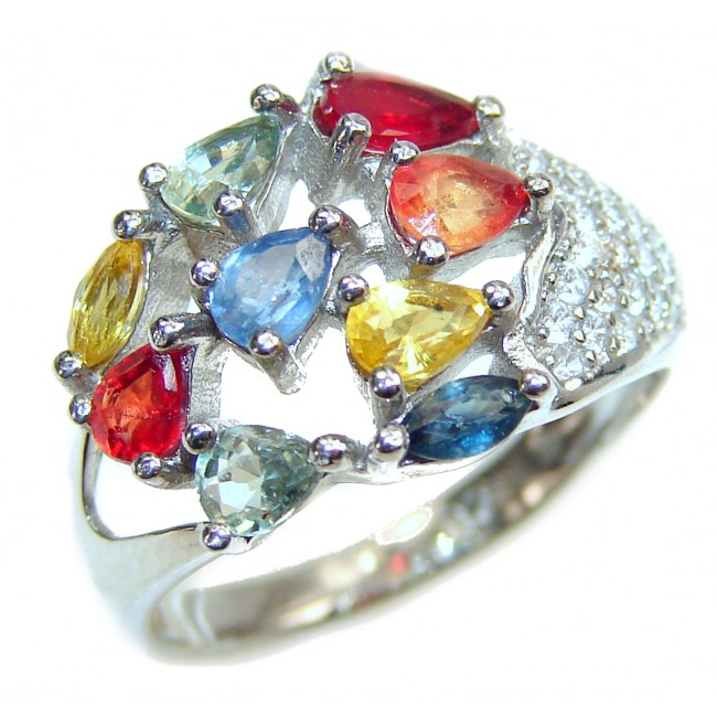 Valentina Genuine multicolor Sapphire .925 Sterling Silver handcrafted Statement Ring size 6 1/4