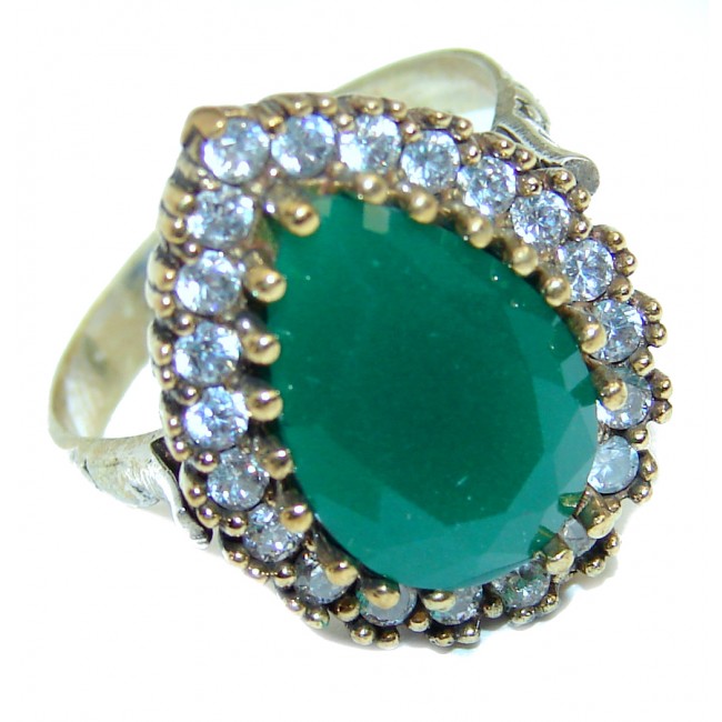 Victorian Style created Emerald & White Topaz Copper over Sterling Silver ring; s. 8 3/4