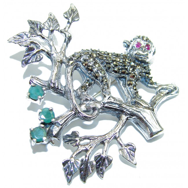 Playing Monkey genuine Emerald .925 Sterling Silver handmade Pendant - Brooch