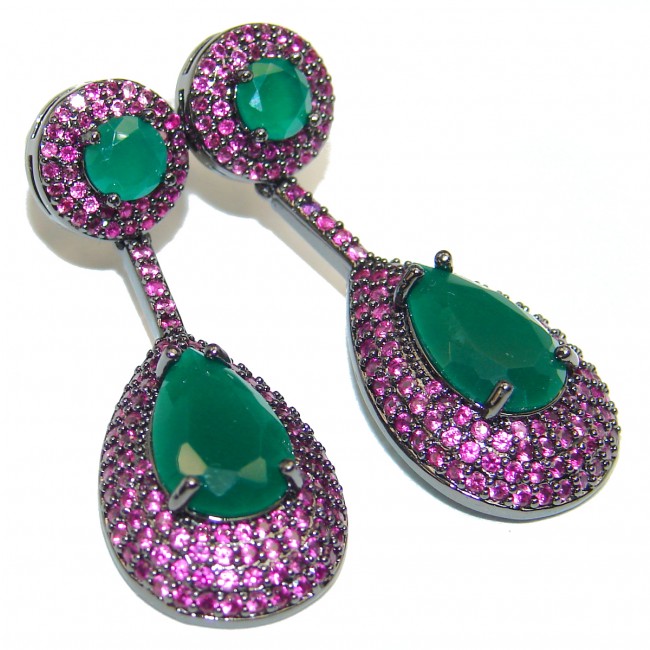 Spectacular Emerald black rhodium over .925 Sterling Silver handmade earrings