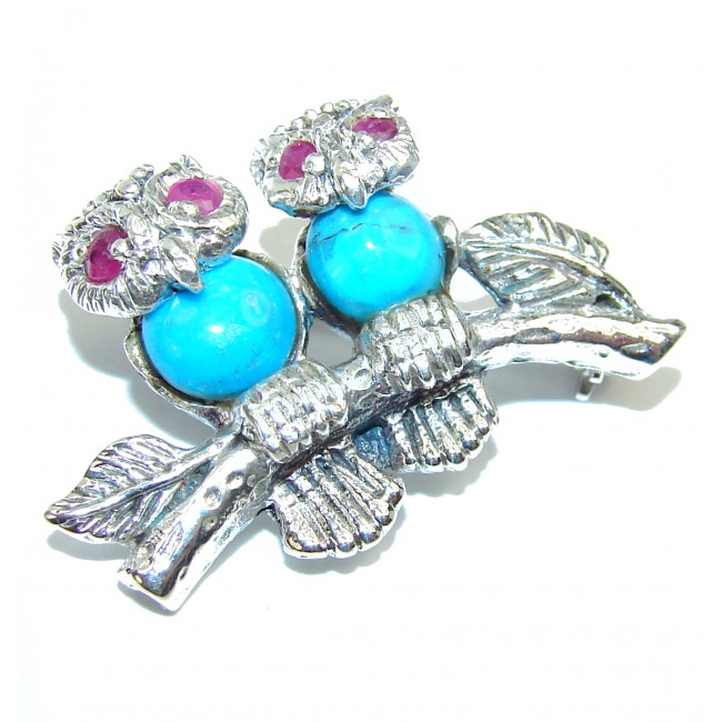 Owls Blue Turquoise Sterling Silver Pendant / Brooch