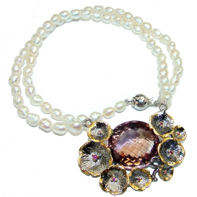Oval cut Bi-color Ametrine 18K Gold over Pearl .925 Sterling Silver handcrafted necklace