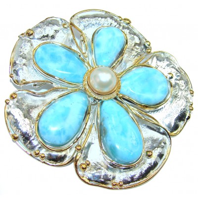 Large Flower 54.9 grams Larimar from Dominican Republic .925 Sterling Silver handmade pendant brooch