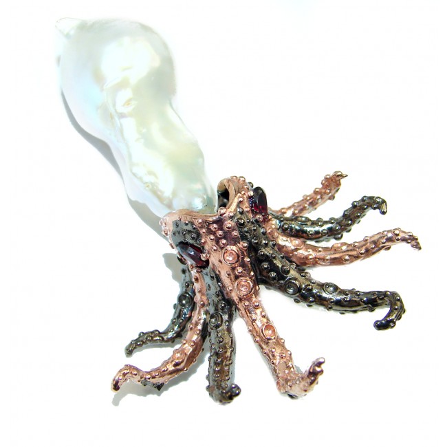 Octopus Design Genuine Mother of pearl 14K Gold .925 Sterling Silver handmade Pendant Brooch