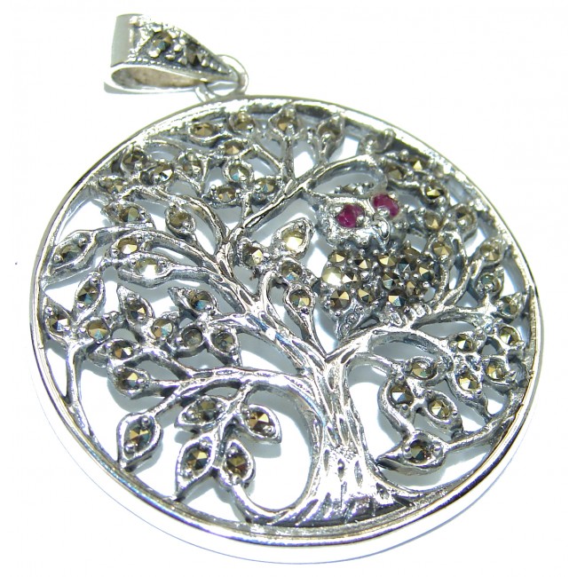Perfect Family Tree and Owl Marcasite .925 Sterling Silver Pendant