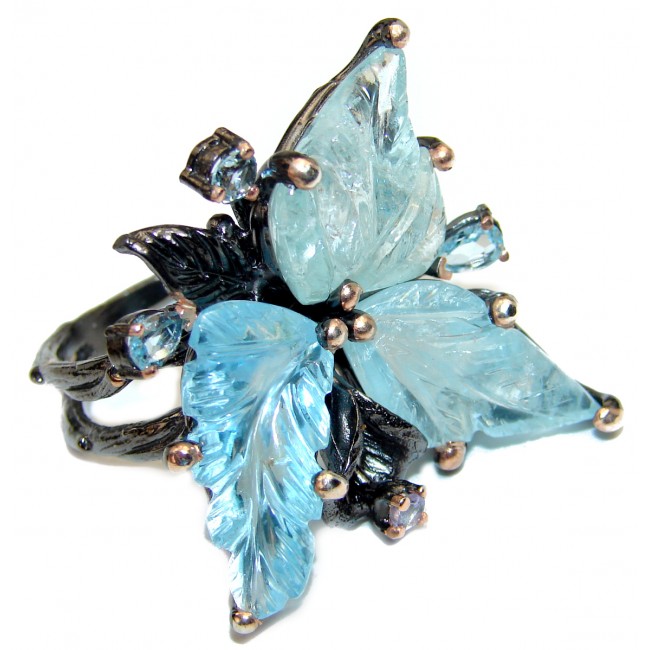 Large Exotic Flower carved Aquamarine 2 tones .925 Sterling Silver Ring s. 8 1/2