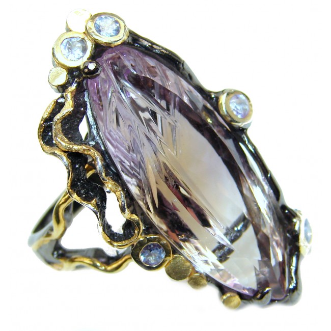 HUGE carved Ametrine Tanzanite 18K Gold over .925 Sterling Silver handcrafted Ring s. 9