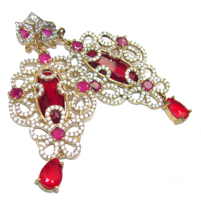 3 inches long Spectacular created Ruby .925 Sterling Silver handcrafted earrings