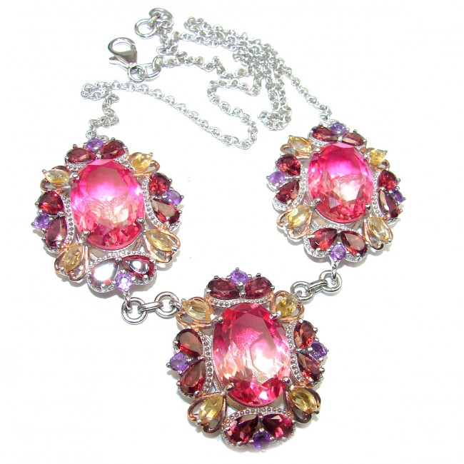 Oval cut Pink Tourmaline color Topaz .925 Sterling Silver handcrafted necklace
