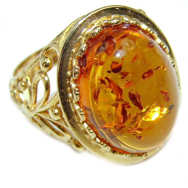 Authentic Green Baltic Amber 14K Gold over .925 Sterling Silver handcrafted ring; s. 6 1/4