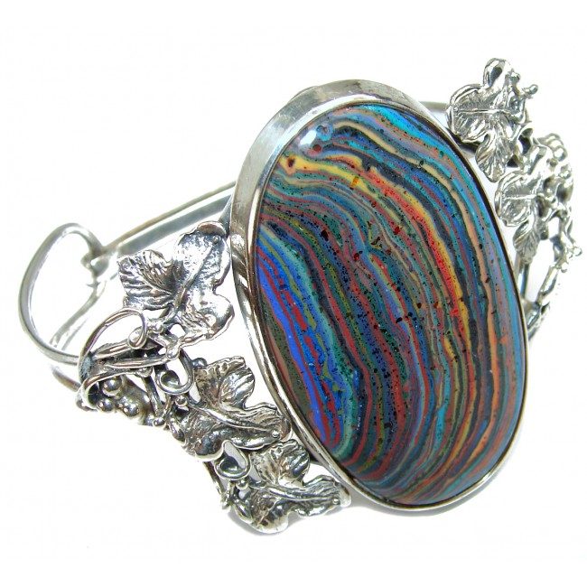 Huge Amazing Rainbow Calsilica .925 Sterling Silver handmade Bracelet / Cuff