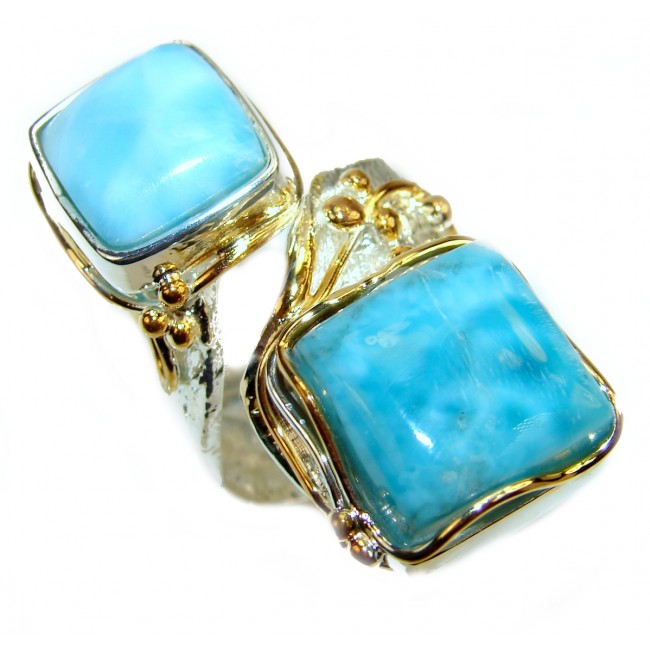 Massive Natural Larimar Baltic Amber 18K Gold over .925 Sterling Silver handcrafted Ring s. 9