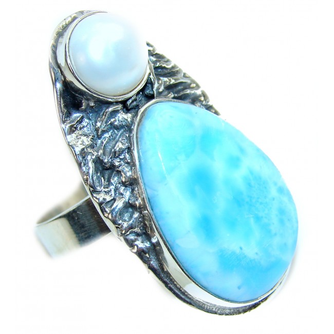HUGE Natural Larimar Pearl .925 Sterling Silver handcrafted Ring s. 9 adjustable