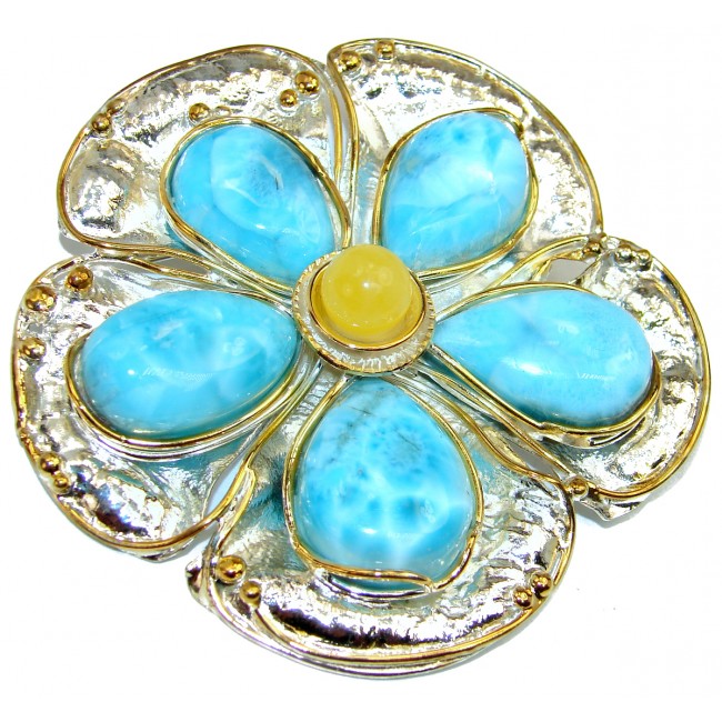 Large Flower 56.9 grams Larimar from Dominican Republic .925 Sterling Silver handmade pendant brooch