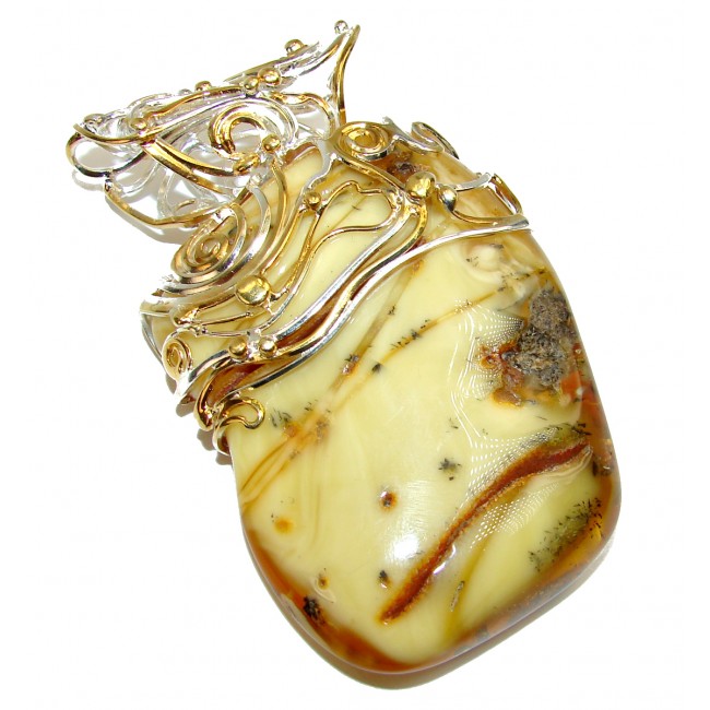 Huge 68.4 grams Genuine Polish Amber 18K Gold over .925 Sterling Silver handmade pendant