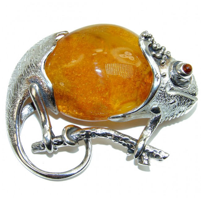 Spectacular Big Chameleon lizard Natural Baltic Amber .925 Sterling Silver handmade Pendant Brooch