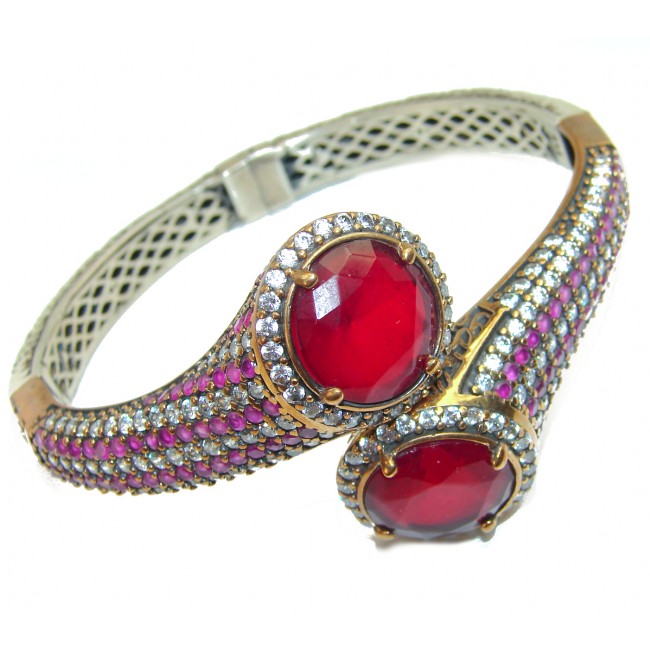 Victorian Style created Ruby & Emerlad .925 Sterling Silver Bracelet / Cuff