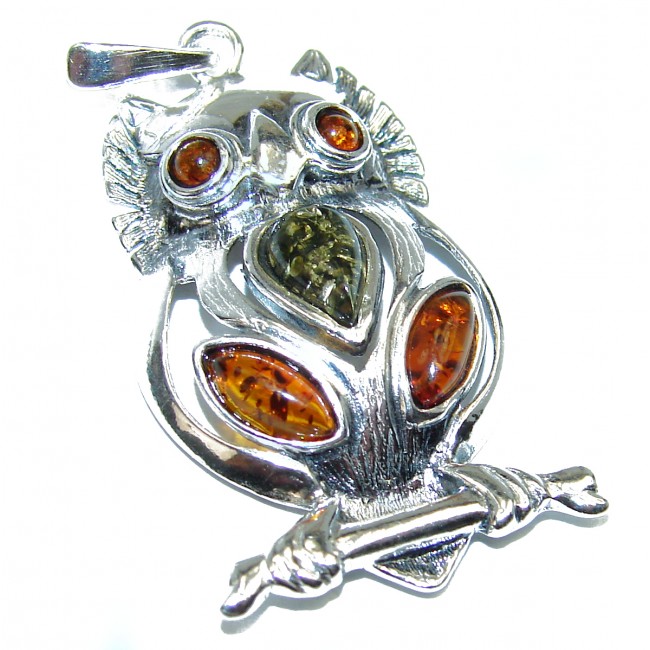 Owl Natural Baltic Amber .925 Sterling Silver handmade Pendant