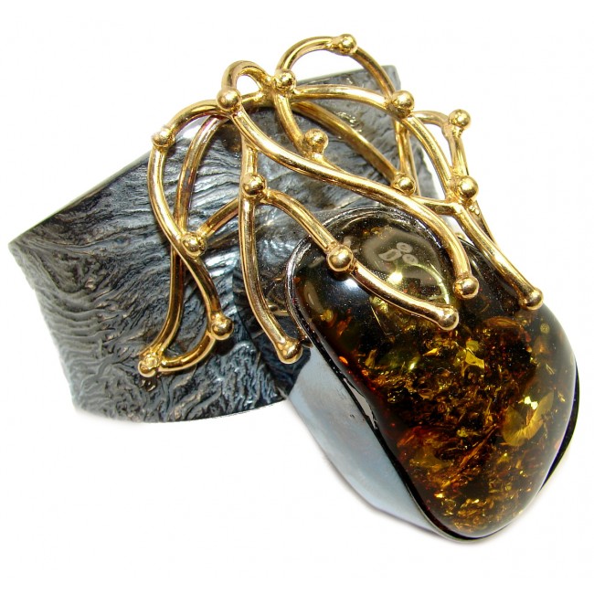 Huge 95.9 grams Genuine Baltic Amber black rhodium over .925 Sterling Silver handcrafted Bracelet / Cuff