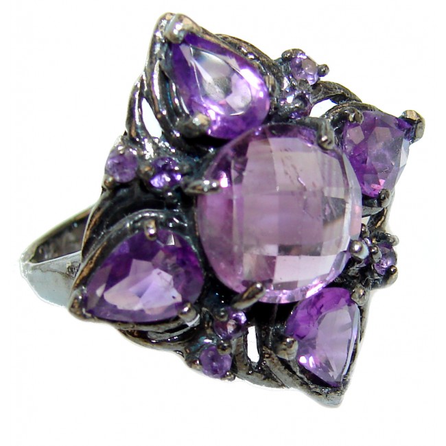 Vintage Style 8.2 carat Amethyst black rhodium over .925 Sterling Silver handmade Cocktail Ring s. 8 1/2