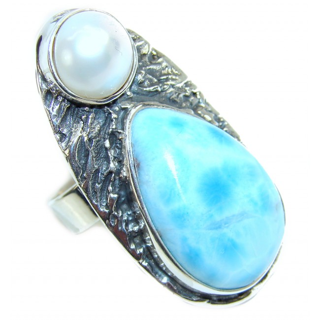 HUGE Natural Larimar Pearl .925 Sterling Silver handcrafted Ring s. 8 adjustable
