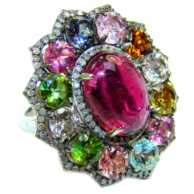 A fascinating One-of-A-Kind 15.5 carat Watermelon Tourmaline 14K White Gold over .925 Sterling Silver handmade Ring size 7 1/4