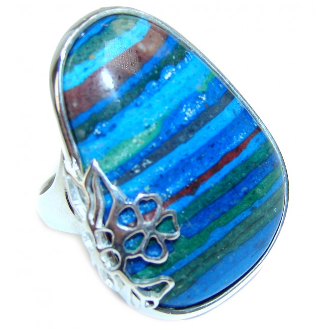 Huge Blue Rainbow Calsilica .925 Sterling Silver handcrafted ring size 8 1/2