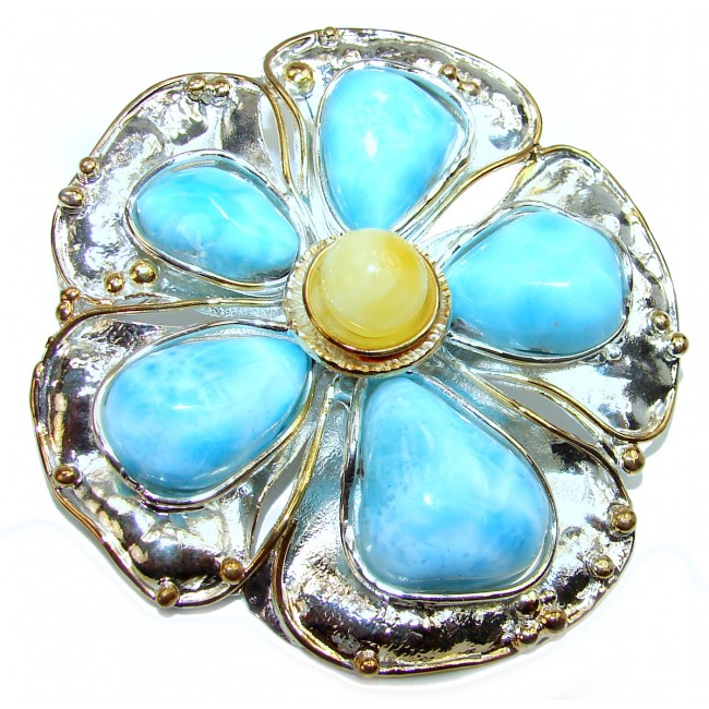 Large Flower 52.9 grams Larimar from Dominican Republic .925 Sterling Silver handmade pendant brooch