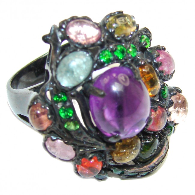 Vintage Style 10.2 carat Amethyst black rhodium over .925 Sterling Silver handmade Cocktail Ring s. 9