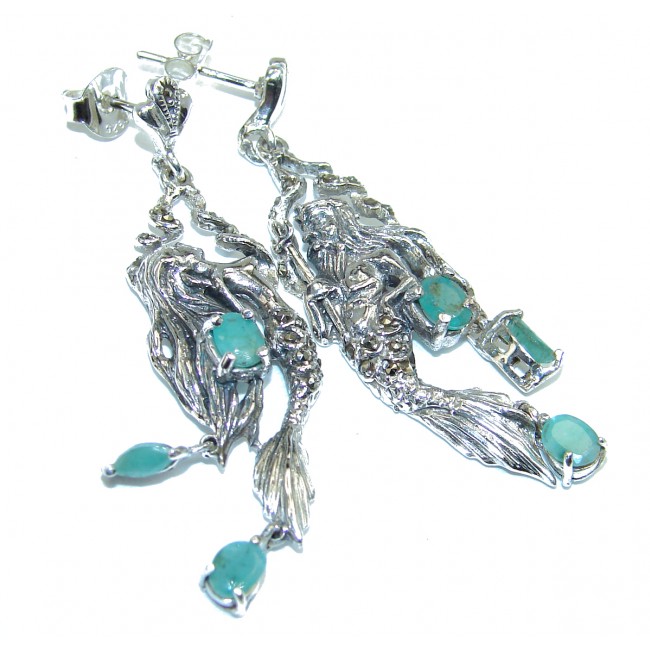 Singing Mermaids Emerald .925 Sterling Silver handmade earrings