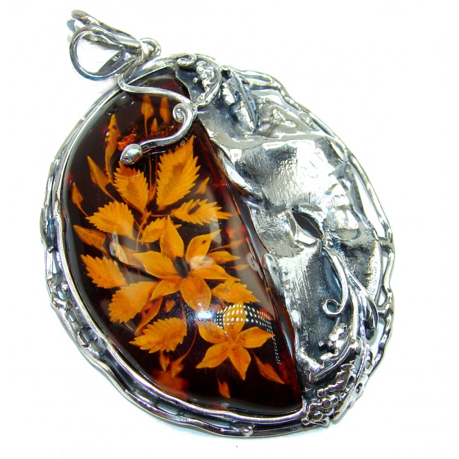 Huge Carved Genuine Polish Amber .925 Sterling Silver handmade pendant
