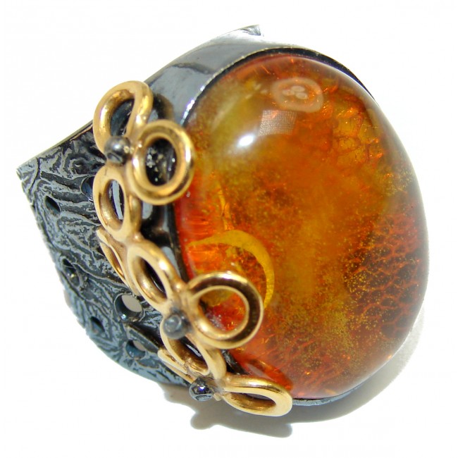 New Concept best quality Baltic Amber black rhodium over .925 Sterling Silver handcrafted Huge Ring s. 7 adjustable