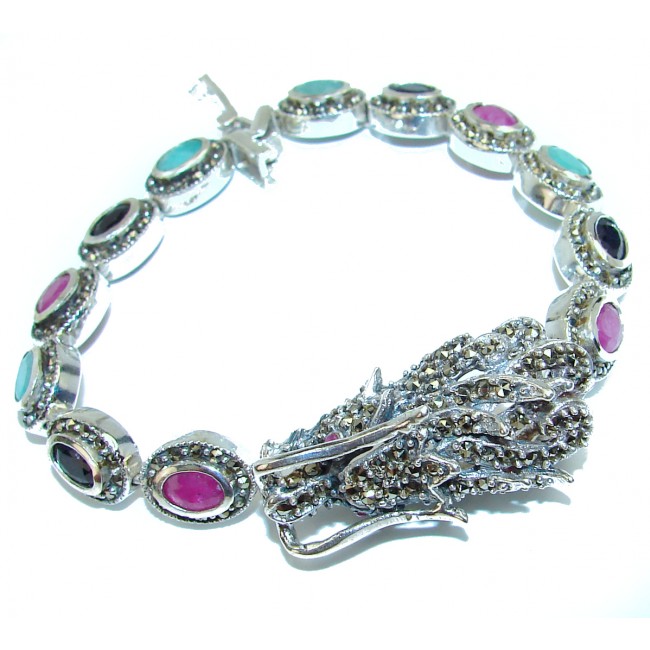 Dragon Authentic Ruby Emerald Sapphire .925 Sterling Silver handmade Large Bracelet