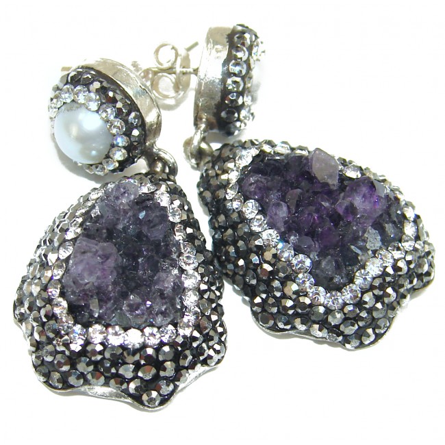 Victorian Style Amethyst Cluster Pearl .925 Sterling Silver earrings