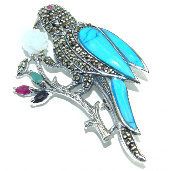 Spectacular Bird Turquoise .925 Sterling Silver handmade Brooch