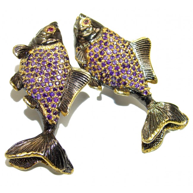Large Fish Genuine Amethyst 18K Gold over .925 Sterling Silver handmade earrings