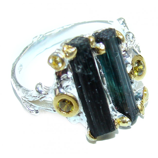 Authentic Rough Tourmaline over 2 tones .925 Sterling Silver Ring size 8 1/4