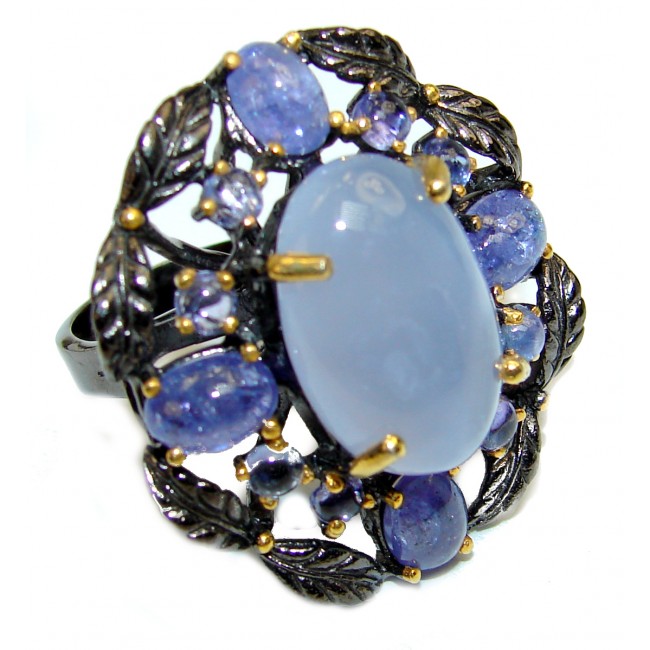 Blue Angel Chalcedony Agate black rhodium over .925 Sterling Silver handcrafted HUGE Ring s. 7