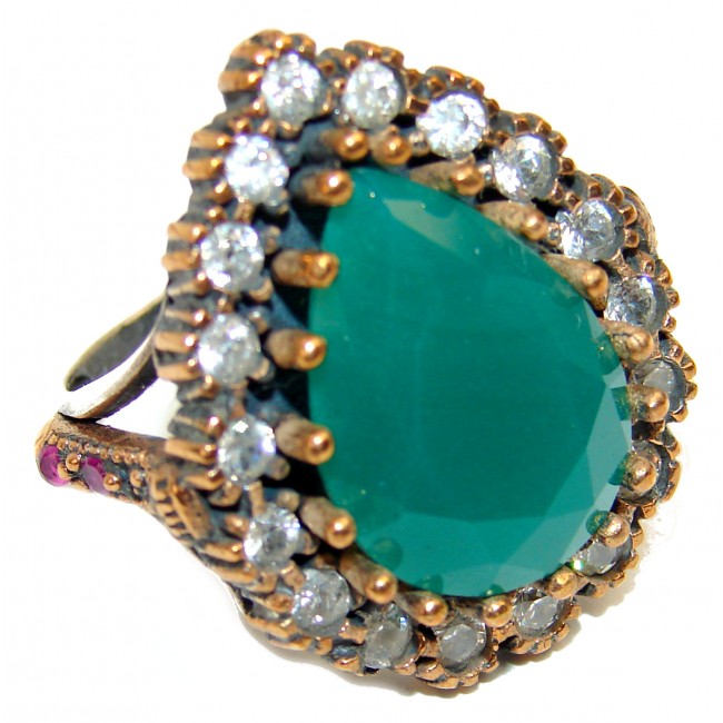 Victorian Style created Emerald & White Topaz Copper over Sterling Silver ring; s. 9
