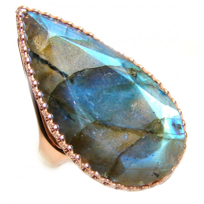Spectacular Fire Labradorite 14K Gold over .925 Sterling Silver Bali handmade ring size 7 3/4