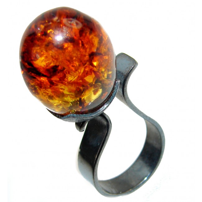 New Concept best quality Baltic Amber black rhodium over .925 Sterling Silver handcrafted Huge Ring s. 7 3/4