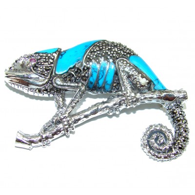 Spectacular Big Chameleon Lizard Turquoise .925 Sterling Silver handmade Brooch