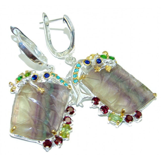 Frogs and Dolphins genuine Fluorite .925 Sterling Silver handcrafted earrings