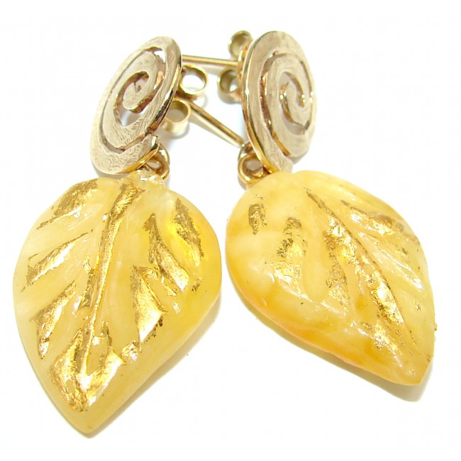 Back in time Genuine carved Baltic Polish Amber Covered with Gold Sterling Silver handmade Earrings