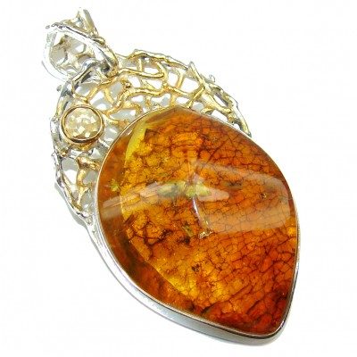 Amazing quality Amber 2 tones .925 Sterling Silver handmade pendant