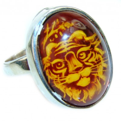 Graceful Leo Authentic carved Baltic Amber .925 Sterling Silver handcrafted Large ring; s. 10 adjustable