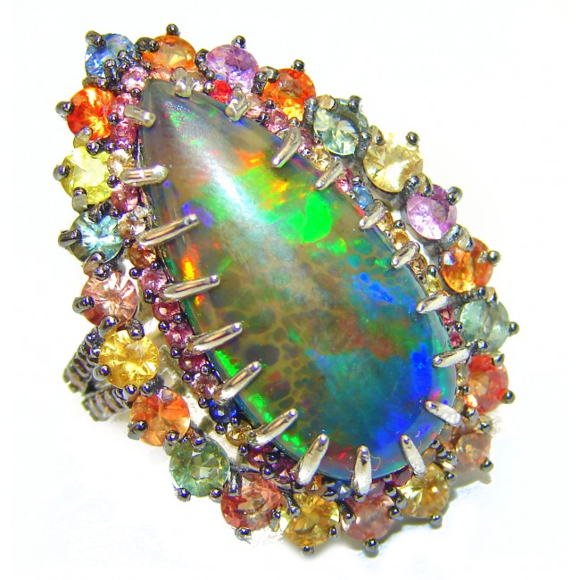 A COSMIC POWER Genuine Black Opal Sapphire 14K White Gold over .925 Sterling Silver handmade Ring size 8