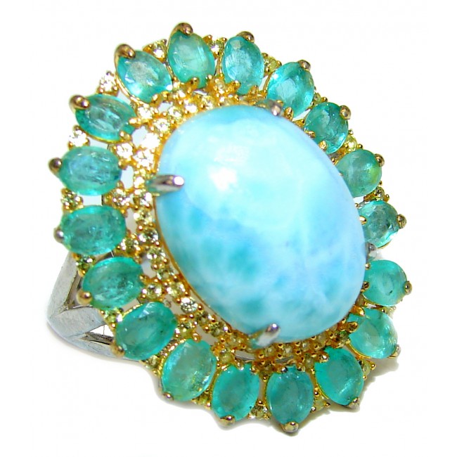 18.6 carat Larimar Emerald 14K White Gold over .925 Sterling Silver handcrafted Ring s. 8 1/2